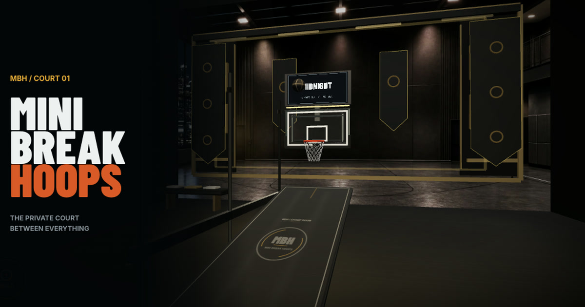 Mini Break Hoops title over the private midnight court